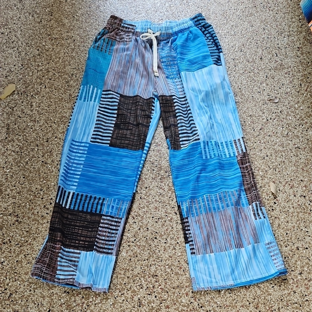 New WTag OUKU California Mens Elastic Drawstring Blue Abstract Lounging Pants M